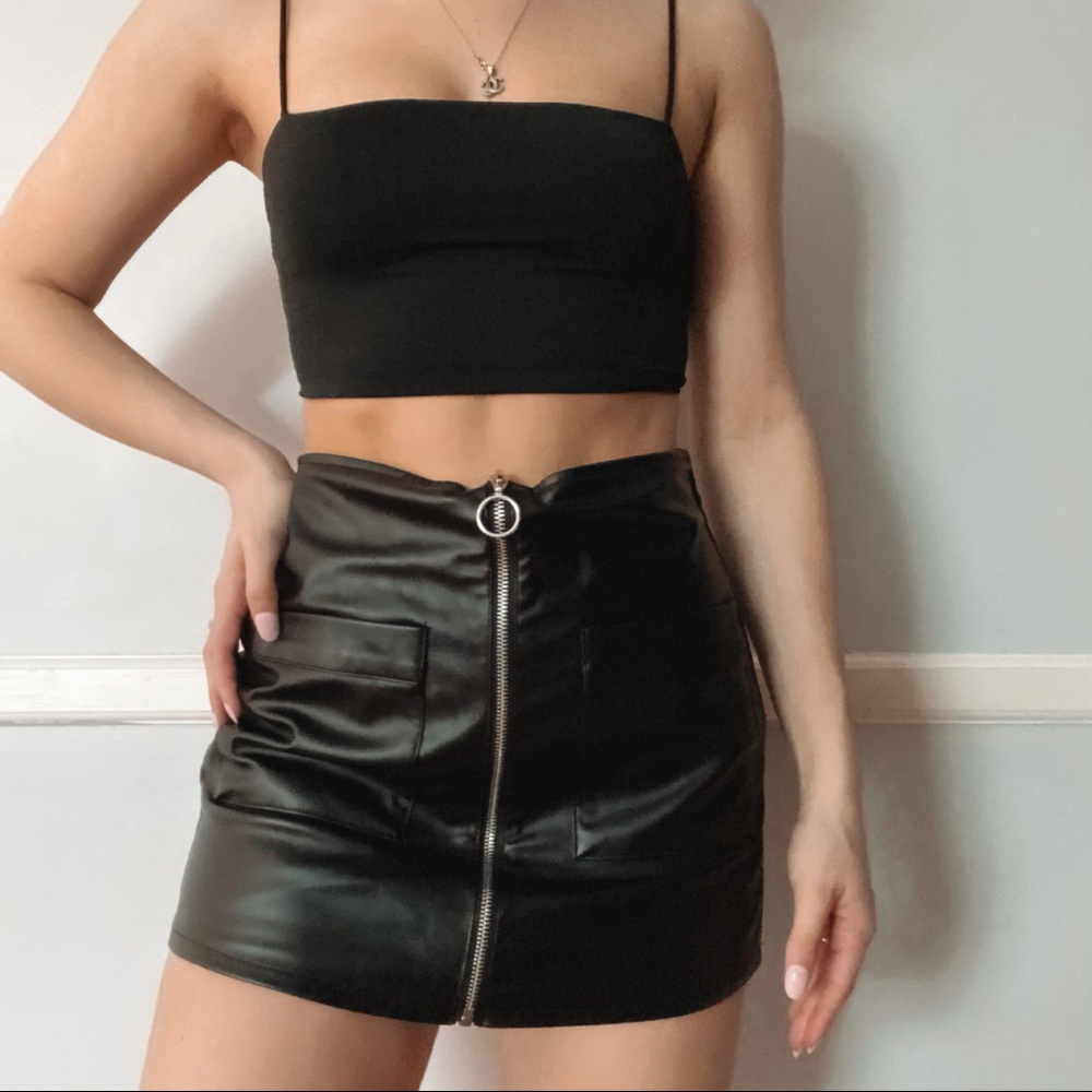 Black Faux leather front zipper skort